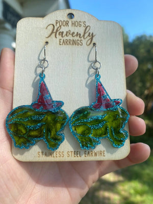 Summerween Frog Earrings: Handmade Acrylic Dangle with Witch Hat, Spooky Cute Halloween Jewelry by Main Street Collective