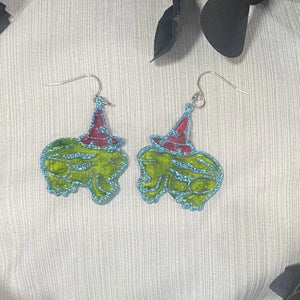 Summerween Watermelon Frog Wearing Pointed Hat Resin Filled Acrylic Dangle Earrings with Stainless Steel Earwire Poor Hog Customs