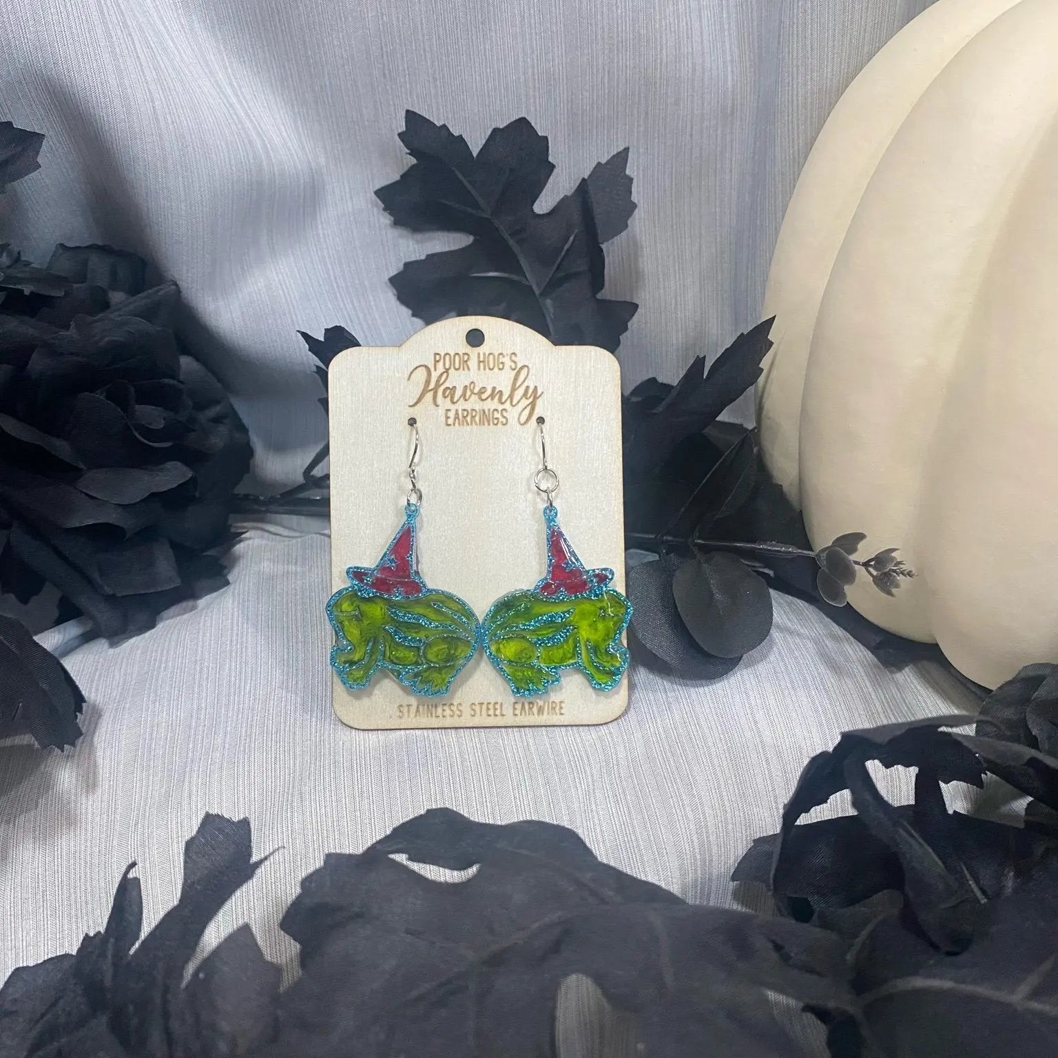 Summerween Watermelon Frog Wearing Pointed Hat Resin Filled Acrylic Dangle Earrings with Stainless Steel Earwire Poor Hog Customs