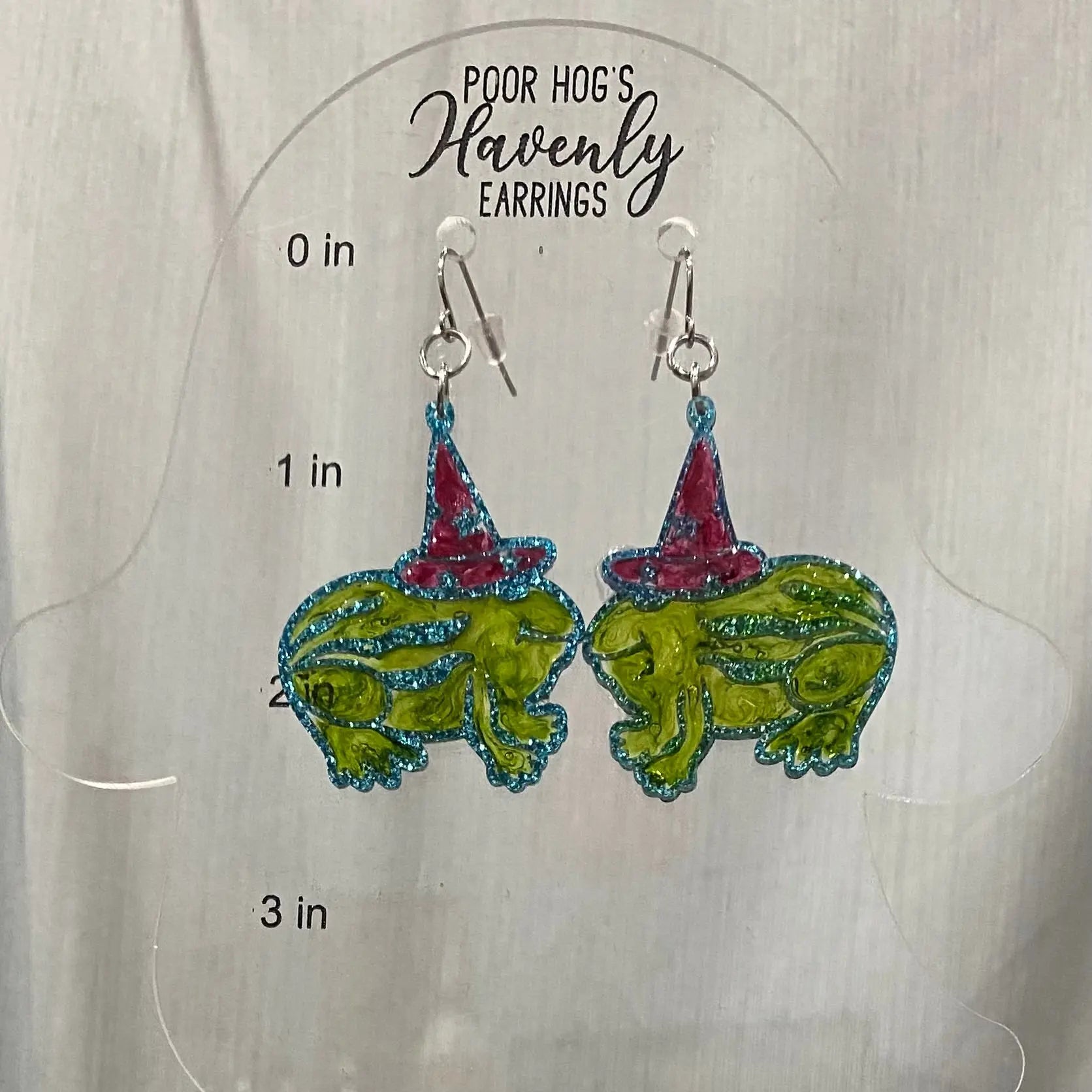 Summerween Watermelon Frog Wearing Pointed Hat Resin Filled Acrylic Dangle Earrings with Stainless Steel Earwire Poor Hog Customs