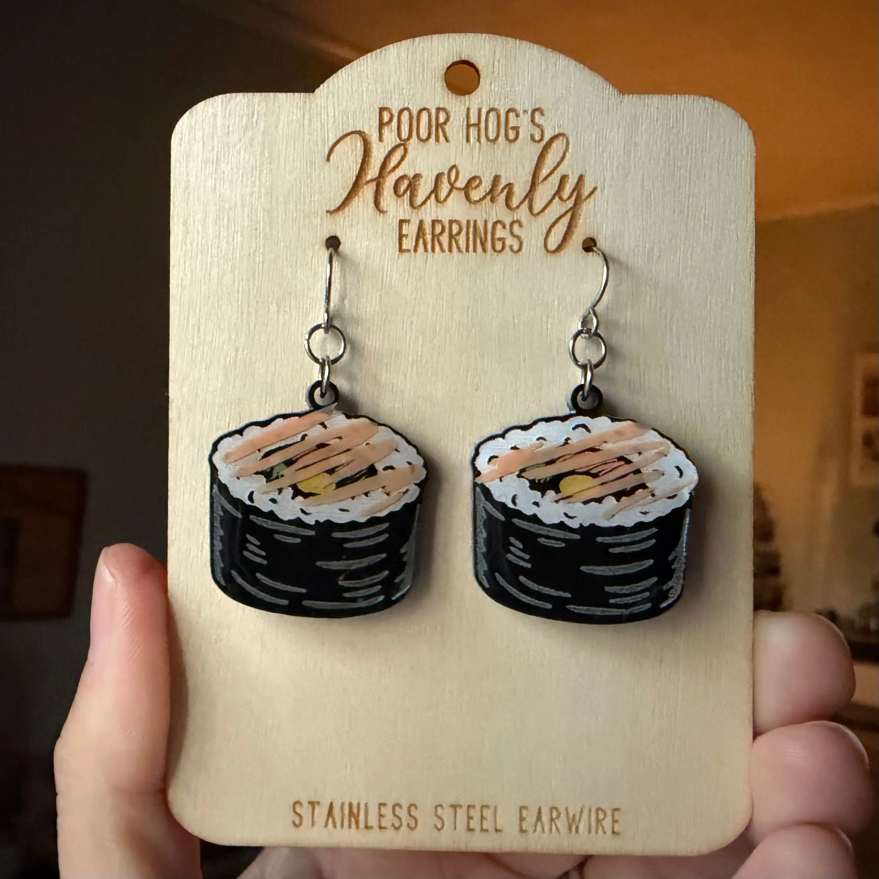 Sushi Roll Earrings: Hand-Painted Acrylic Maki, Foodie Gift, Stainless Steel Earwires