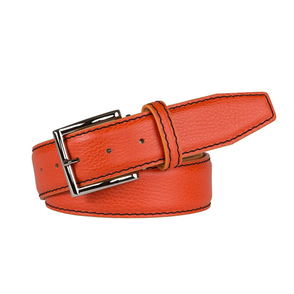 Roger Ximenez tangerine custom leather belt with bespoke sizing options