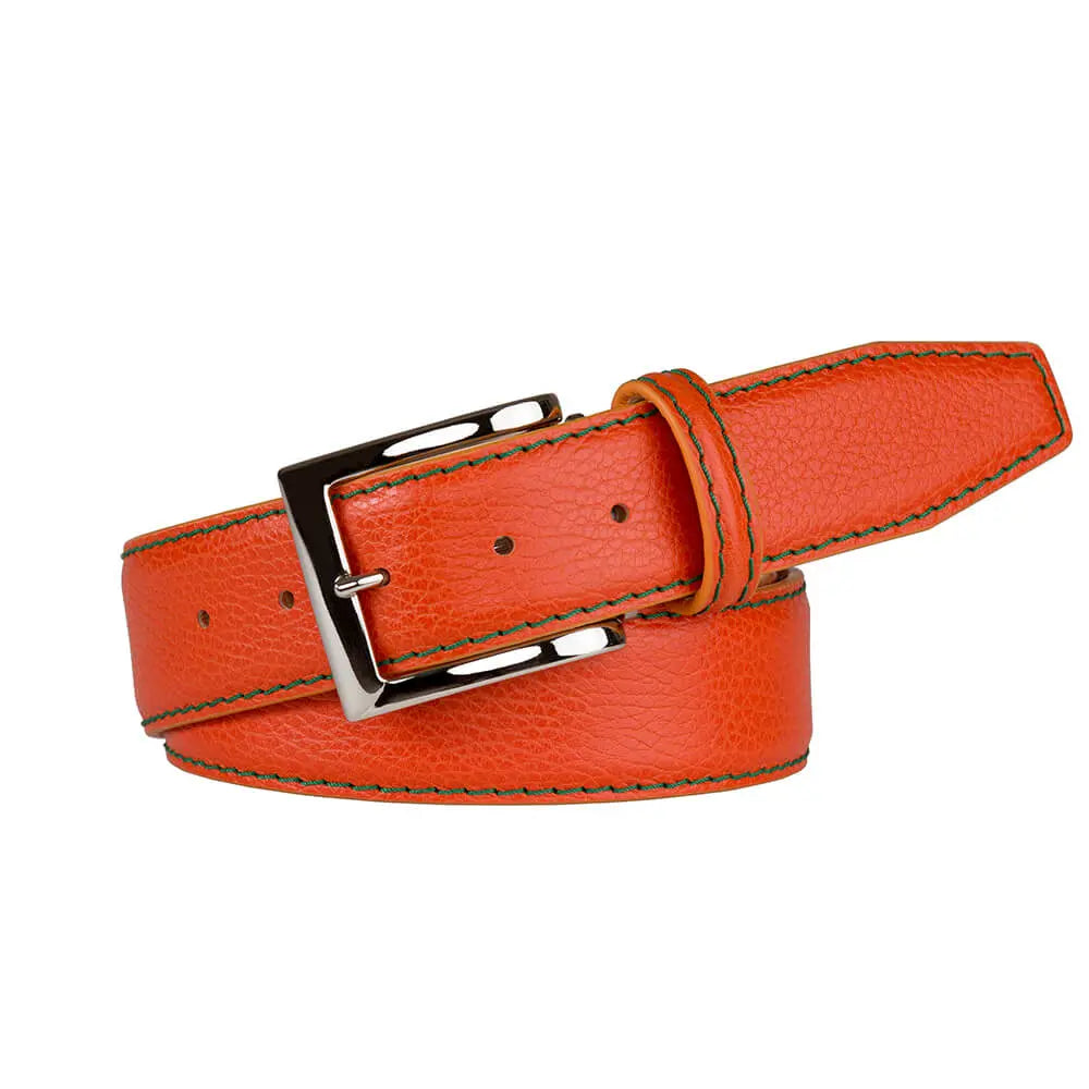 Tangerine pebble grain belt showing handmade leather craftsmanship