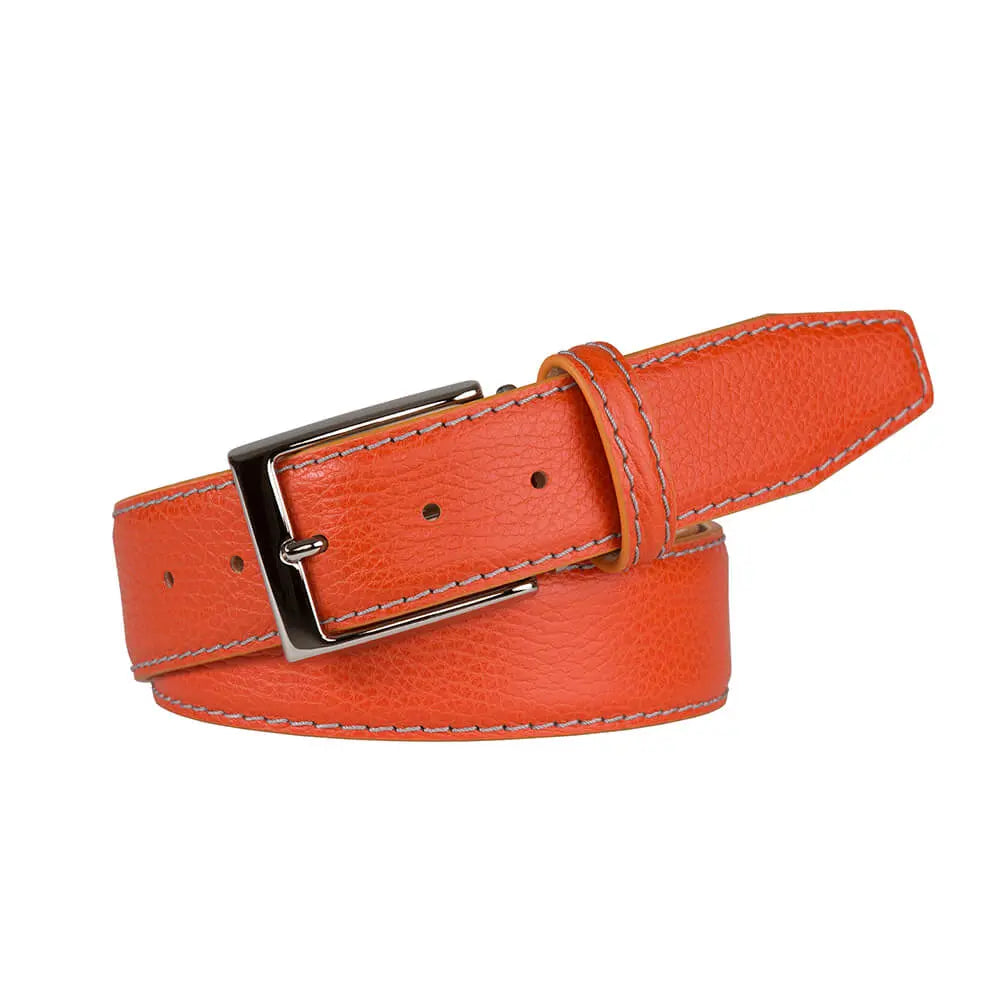 Orange leather belt for golf and statement style by Roger Ximenez