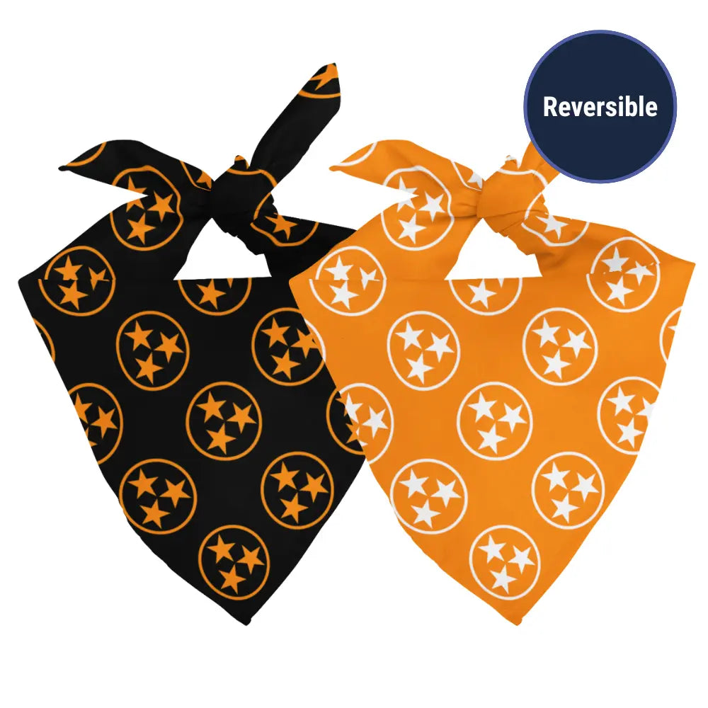 Tennessee Tri-Star dog bandanas, black and orange reversible tie-on styles.