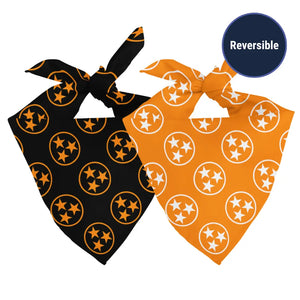 Tennessee Tri-Star dog bandanas, black and orange reversible tie-on styles.
