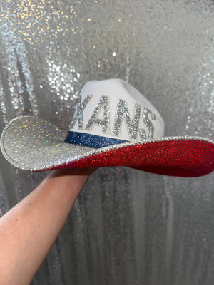 Rhinestone embellished "TEXANS" cowboy hat with red, white, and blue details