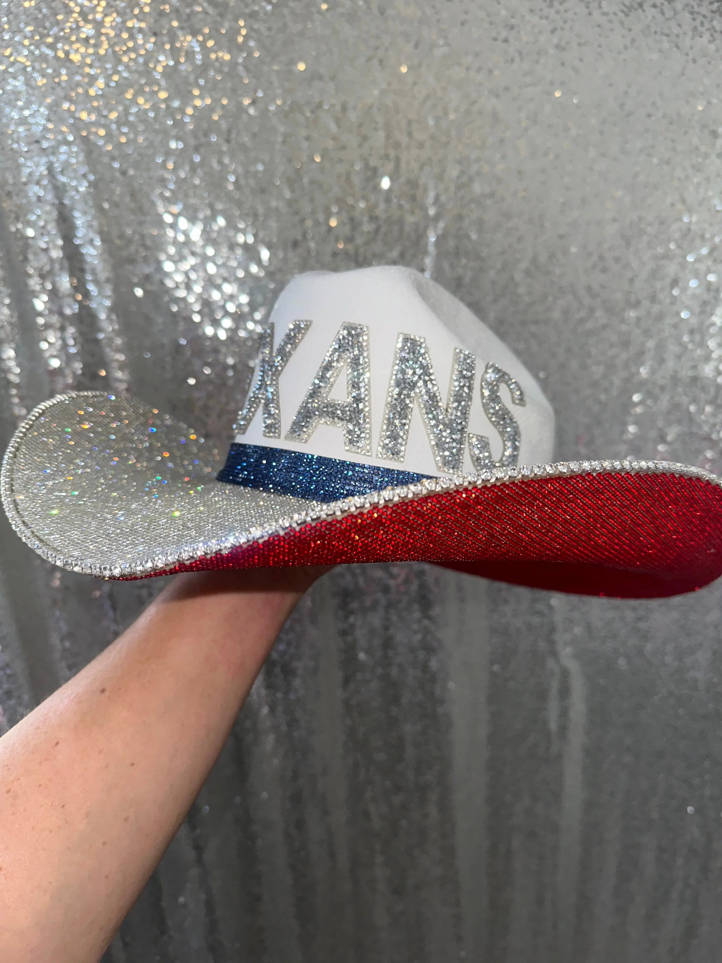 Rhinestone embellished "TEXANS" cowboy hat with red, white, and blue details