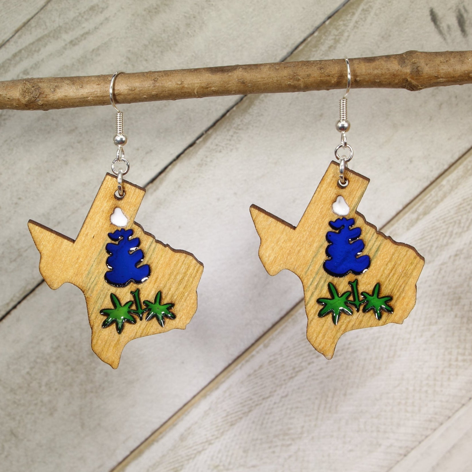 Texas Bluebonnet Wooden & Resin Dangle Earrings | Hand-Painted State Jewelry