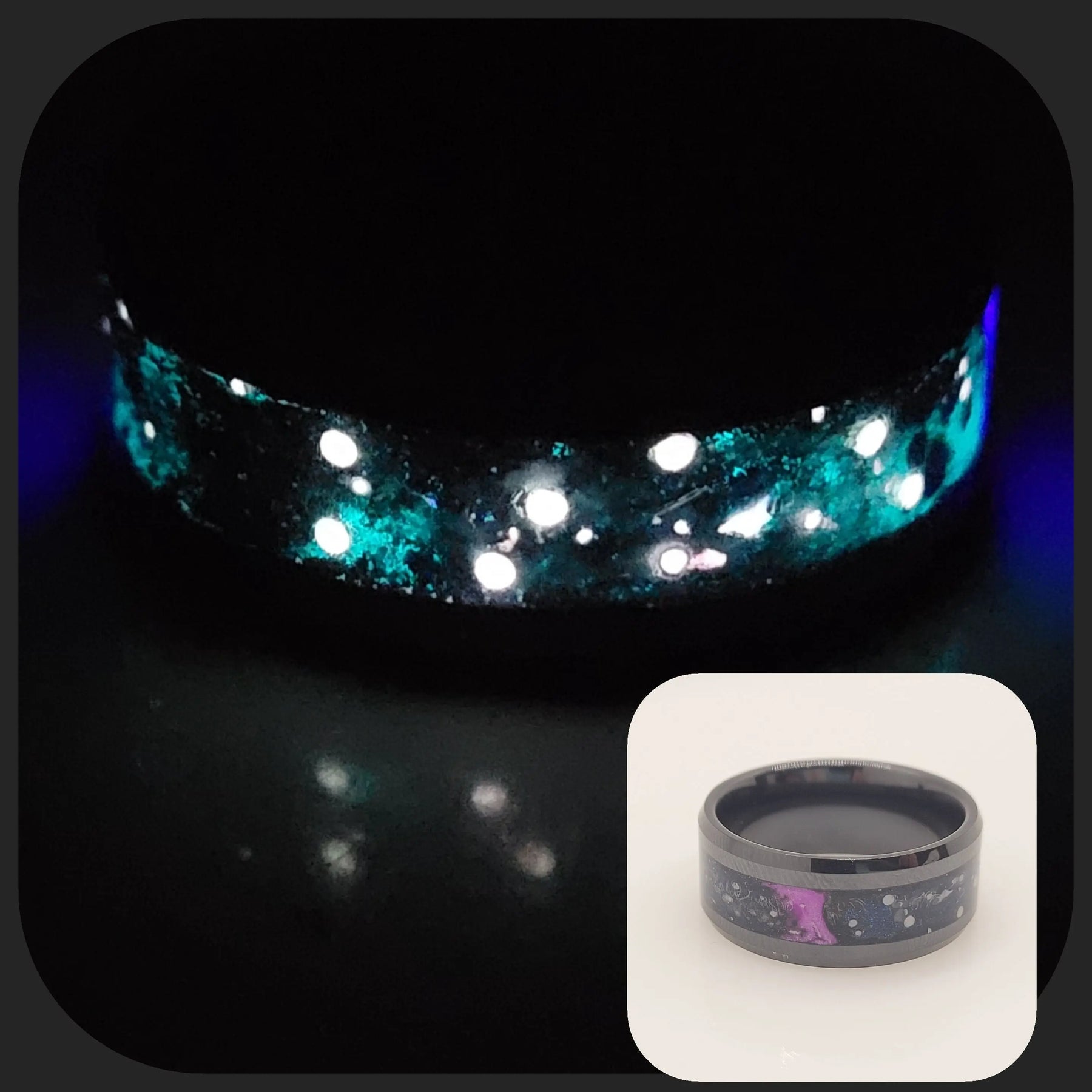 Glowing memorial ring with ashes and star pattern inlay, also shown in normal light with purple detail.