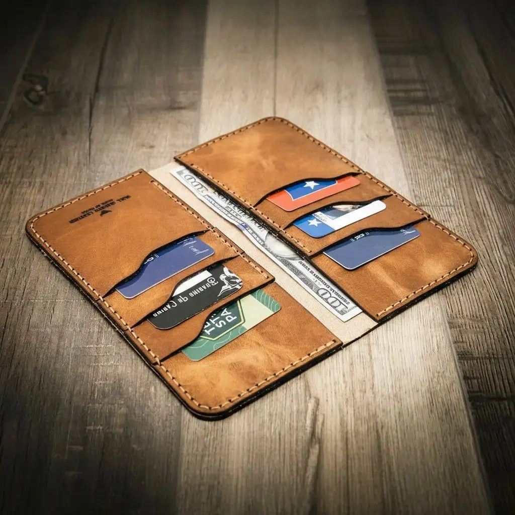 Brown leather long wallet with multiple card slots and cash.