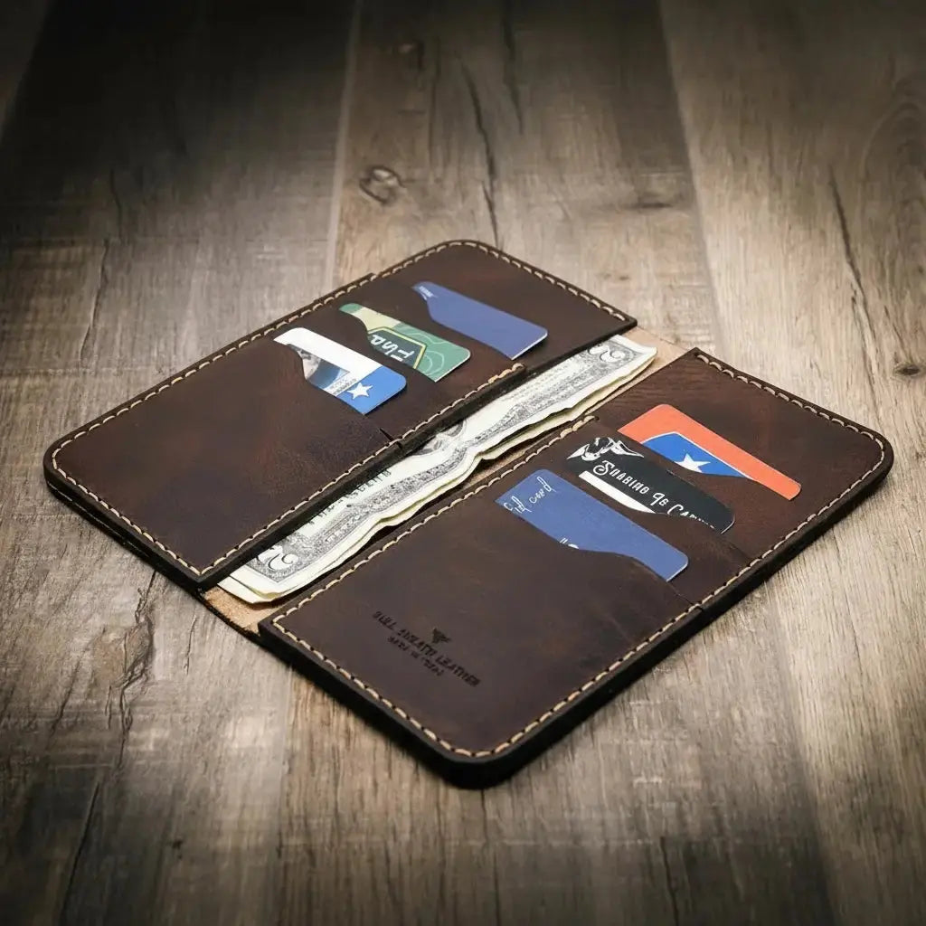 Brown leather long wallet with card slots and cash pockets on a wooden surface.