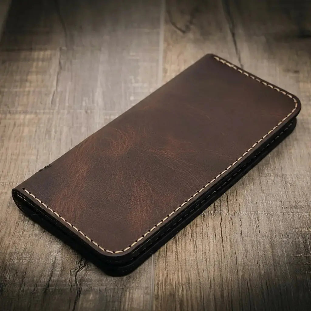 Brown full-grain leather long wallet with contrast stitching