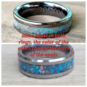 Two cremation rings side-by-side: one light opal ring, one darker opal ring. Ashes affect color. Custom memorial jewelry.