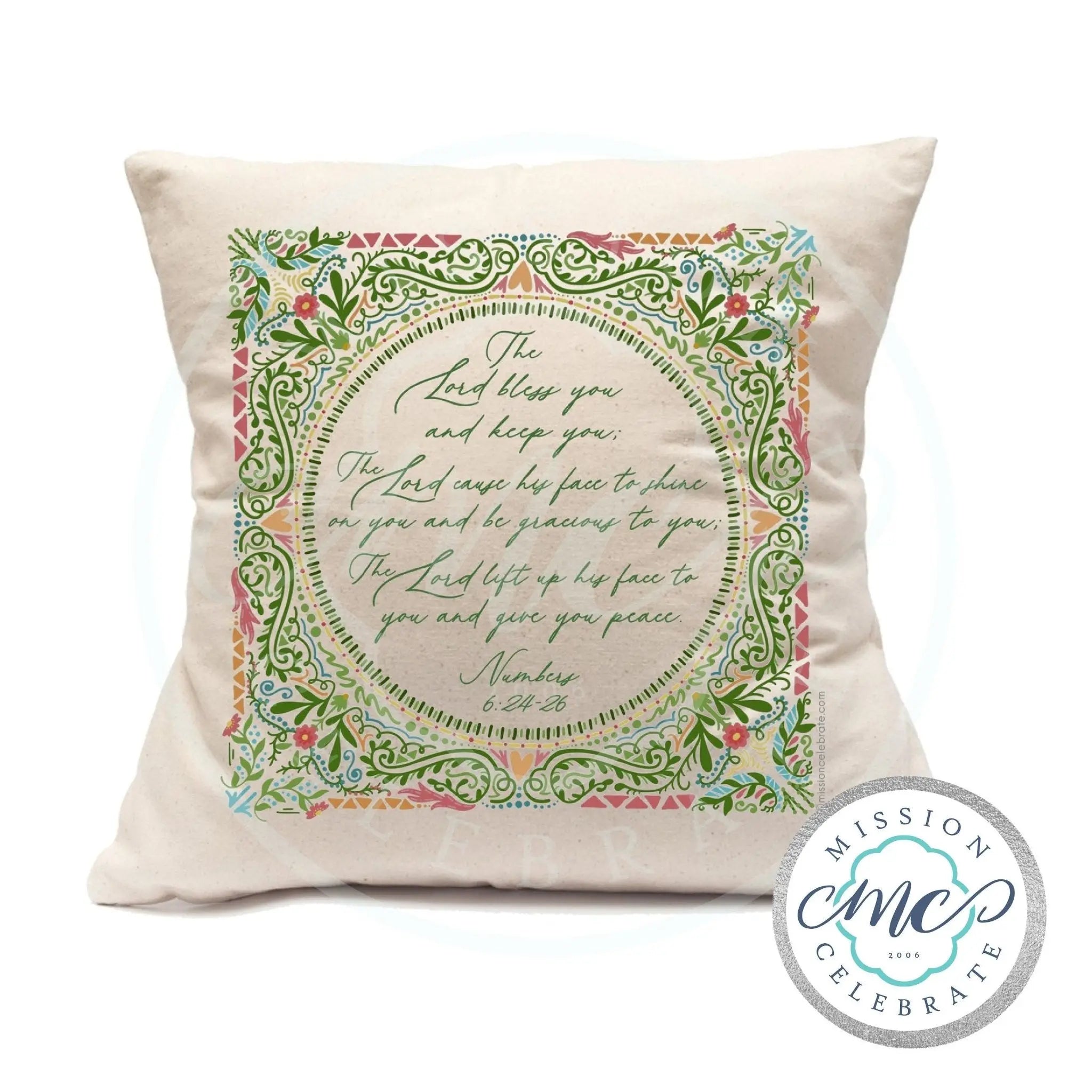 Numbers 6:24-26 Scripture Pillow: "The Lord Bless You", decorative Christian home accent. Mission Celebrate art pillow.