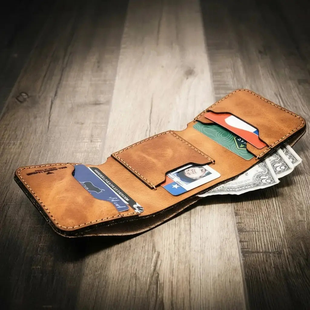 Brown leather trifold wallet with credit cards and US dollar bills.