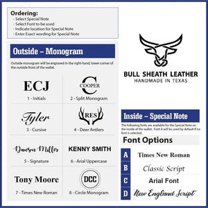 Leather wallet customization options showing monogram styles and font choices.