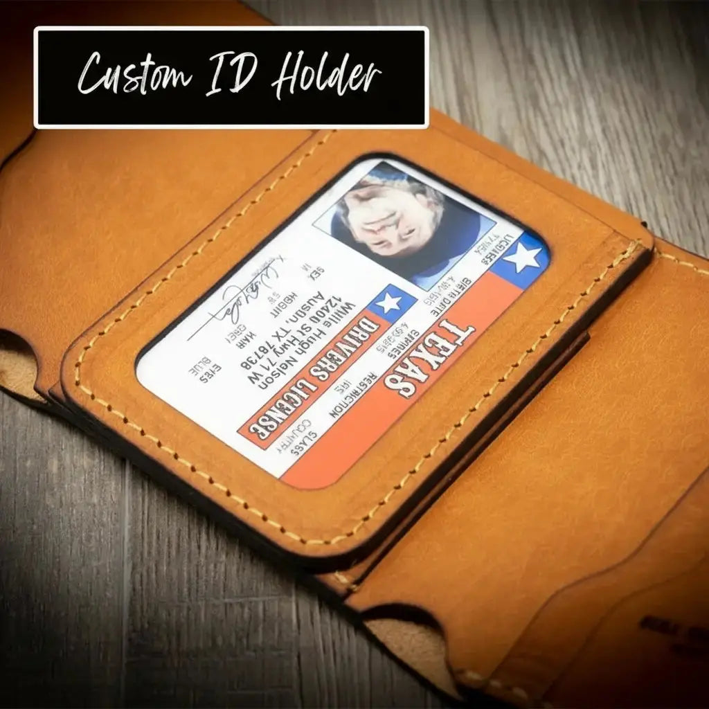 Brown leather trifold wallet holding a Texas driver's license.