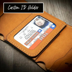 Brown leather trifold wallet holding a Texas driver's license.