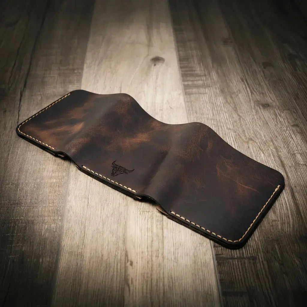Brown leather trifold wallet with embossed bull logo and hand stitching