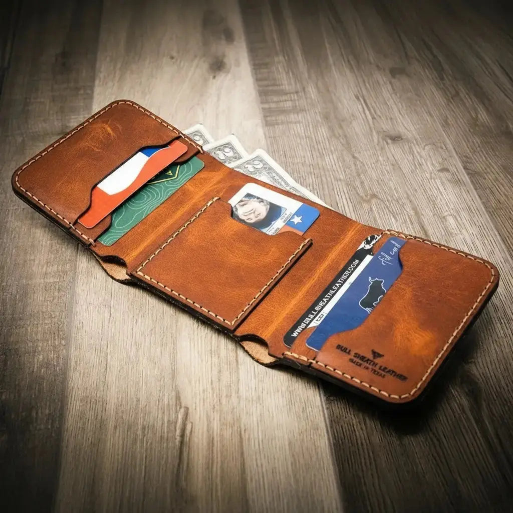 Brown leather trifold wallet with cash and credit cards inside.