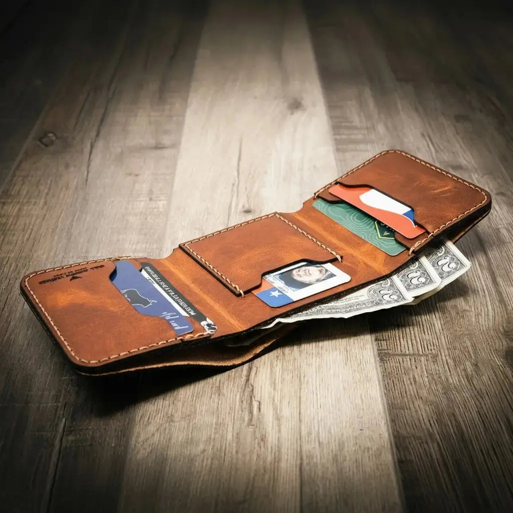 Brown leather trifold wallet with US driver's license, credit cards, and cash.