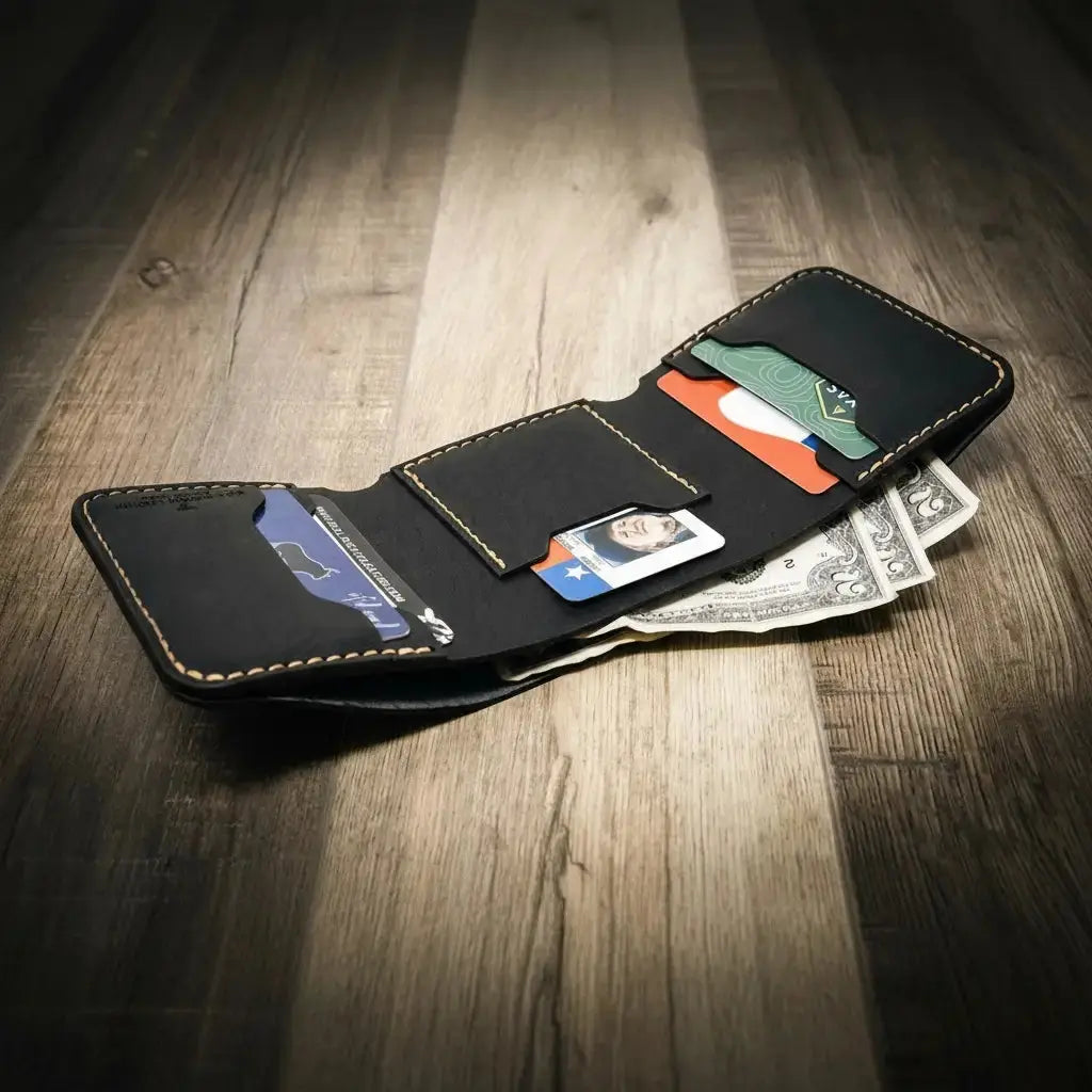 Black leather trifold wallet open with credit cards and cash visible