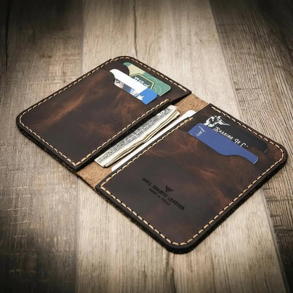 The Tyler vertical leather wallet holding cards and cash on a wooden surface.