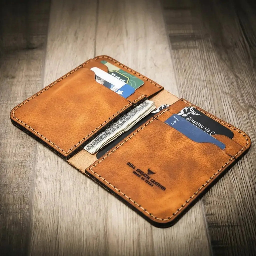 Brown leather vertical wallet with card slots and folded cash