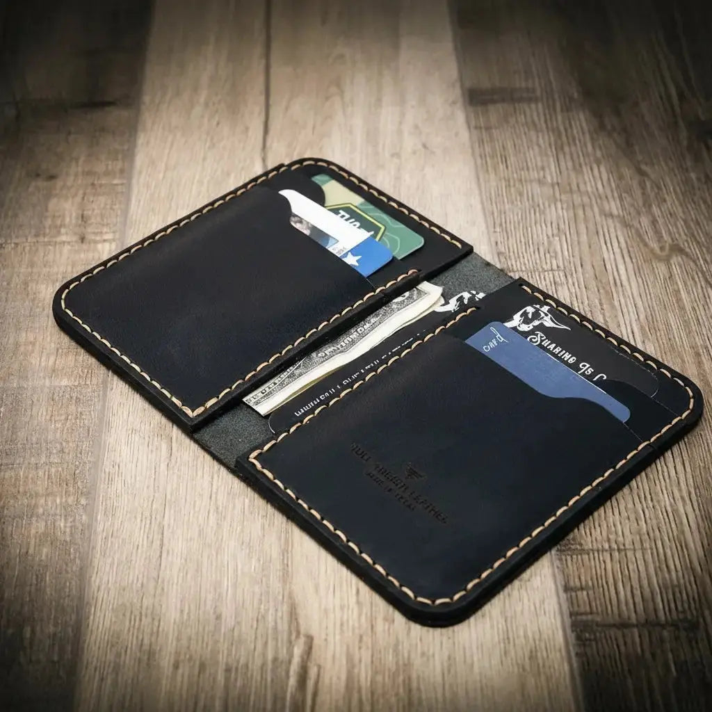 Black leather vertical wallet with card slots and cash pockets on a wood grain background.