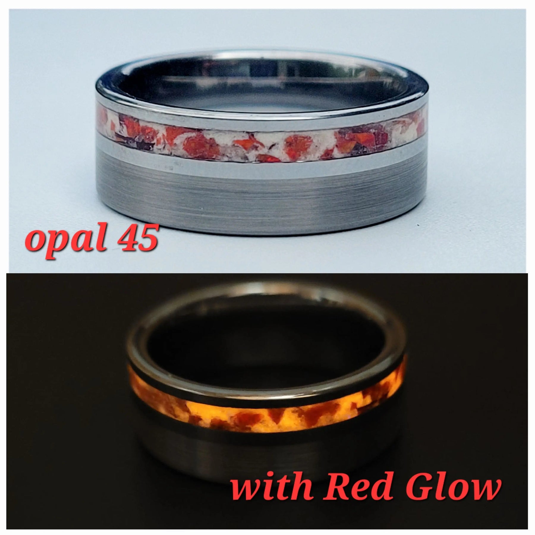 Memorial ring with ashes, opal inlay, and red glow. Tungsten band ring, 8mm wide, in sizes 6-13.