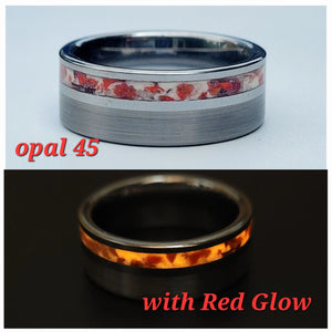 Memorial ring with ashes, opal inlay, and red glow. Tungsten band ring, 8mm wide, in sizes 6-13.