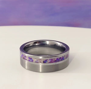 Silver tungsten memorial ring with purple ashes inlay.