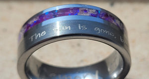 Engraved tungsten memorial ring with purple inlay featuring ashes.