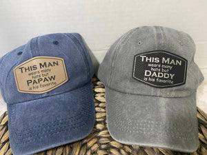 Personalized "This Man" Hats: Custom Daddy & Papaw Hats for Father's Day & Gifts. Distressed-style Baseball Caps with Engraved Patches.