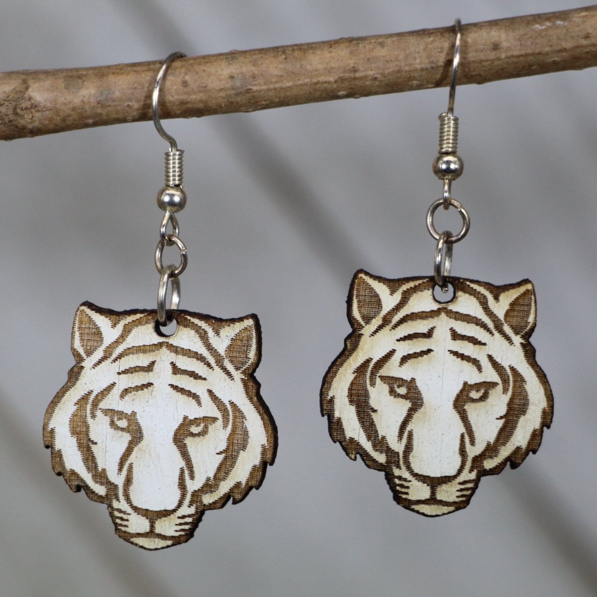 Tiger Face Wooden Dangle Earrings | Animal Jewelry