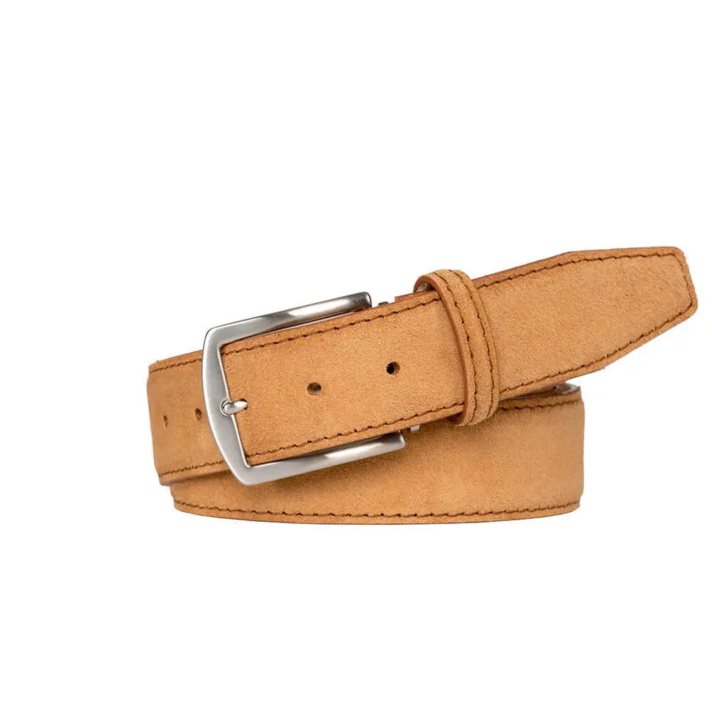 Close up of toast suede belt material and leather craftsmanship