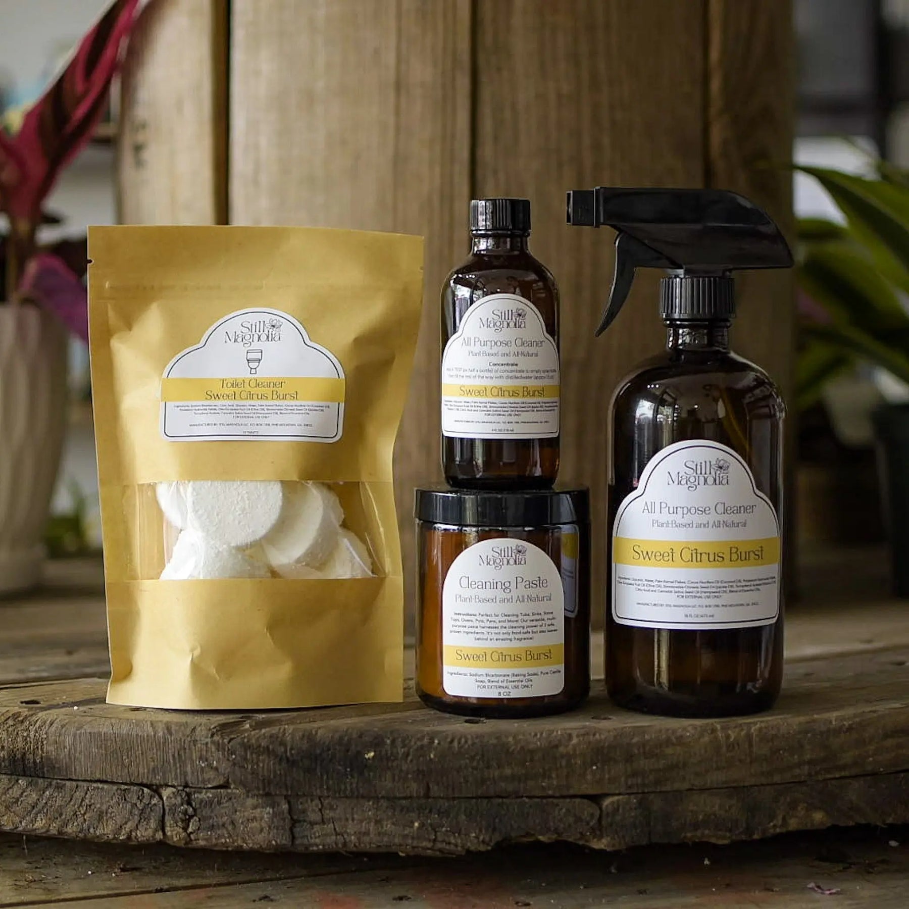 Still Magnolia toilet cleaner, all purpose cleaner, and cleaning paste in sweet citrus burst scent.