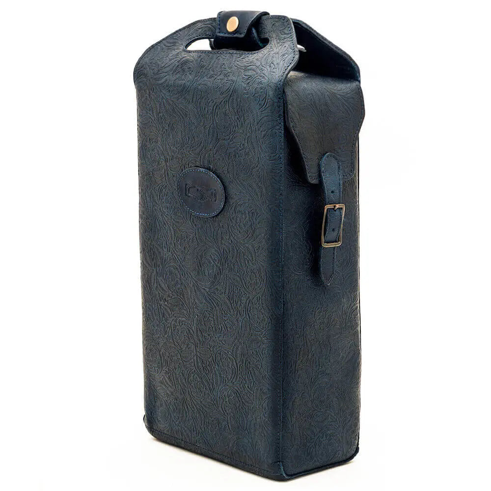 Tooled Leather Two Bottle Wine Carrier Mission Mercantile Leather Goods