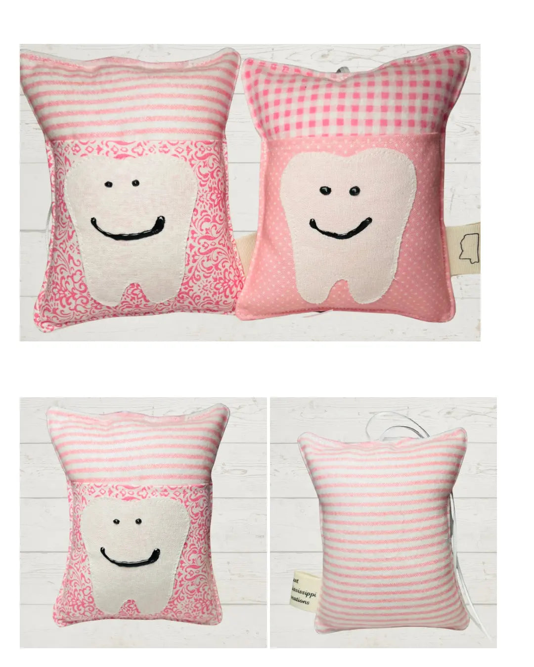 Pink and white cotton tooth fairy pillows with a smiling tooth applique and a small pocket for a tooth.