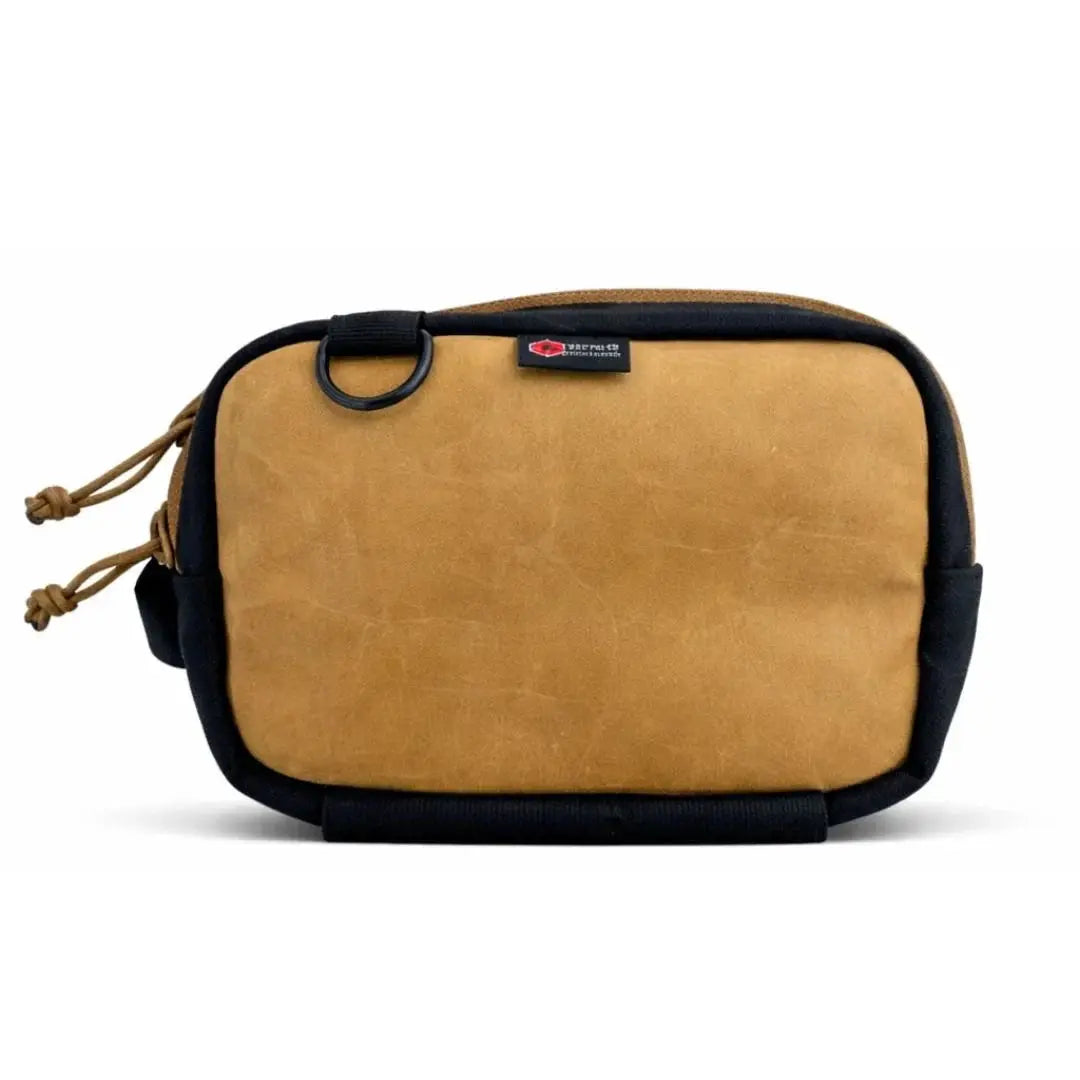 Brown and black fanny pack with D-ring and cord pull tabs.