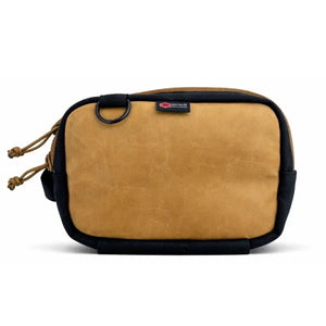 Brown and black fanny pack with D-ring and cord pull tabs.