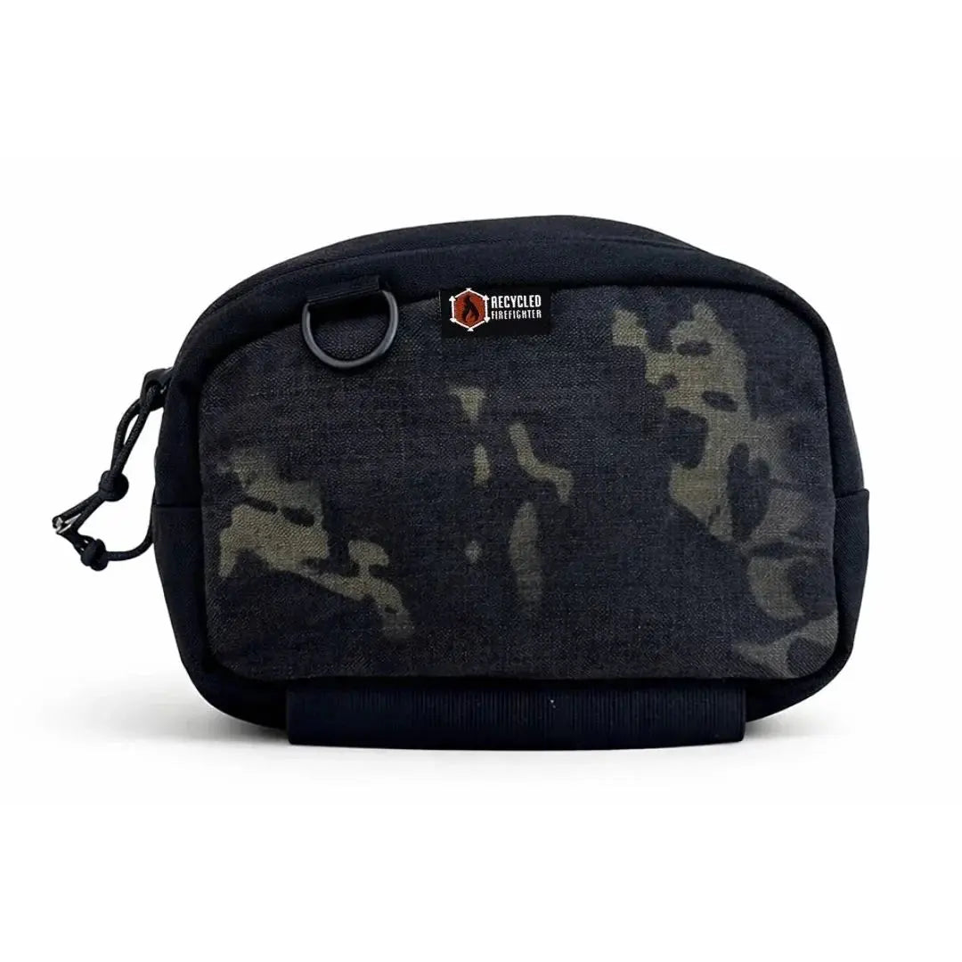 Black and green camouflage fanny pack with Recycled Firefighter patch and D-ring.