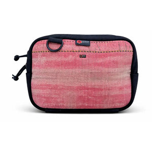 Pink striped crossbody fanny pack with black trim and zipper