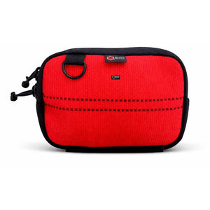 Red fanny pack with black trim and D-ring detail