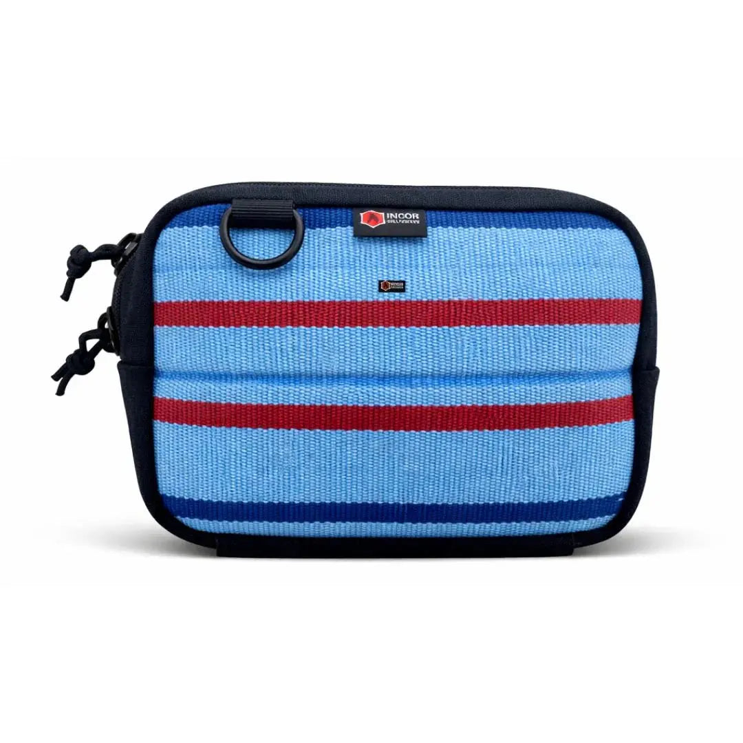Blue and red striped fanny pack with black trim and zipper.