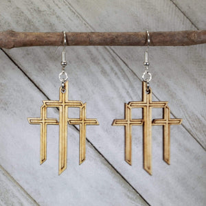 Triple Cross Wooden Dangle Earrings | Cross Symbol Jewelry