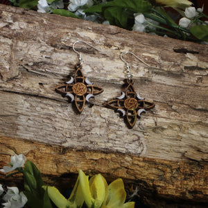 Triple Moon Pentacle Wooden Dangle Earrings | Wiccan Pagan Jewelry