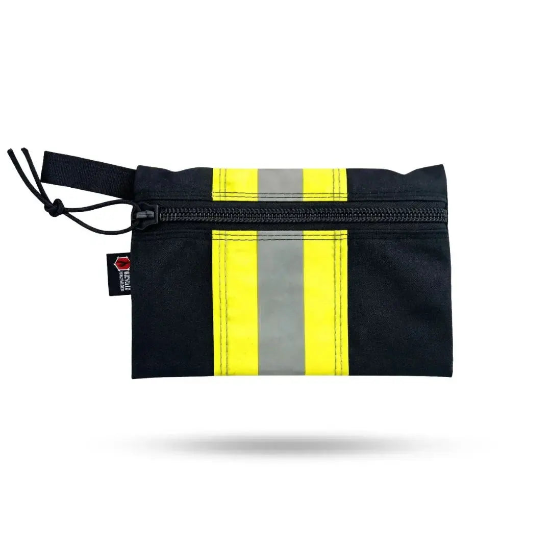 Black zippered pouch with yellow and gray reflective stripes and a black loop.