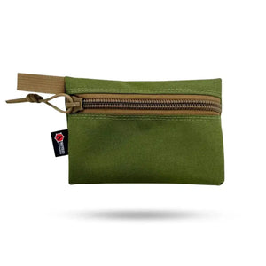 Green zipper pouch with tan loop and zipper pull